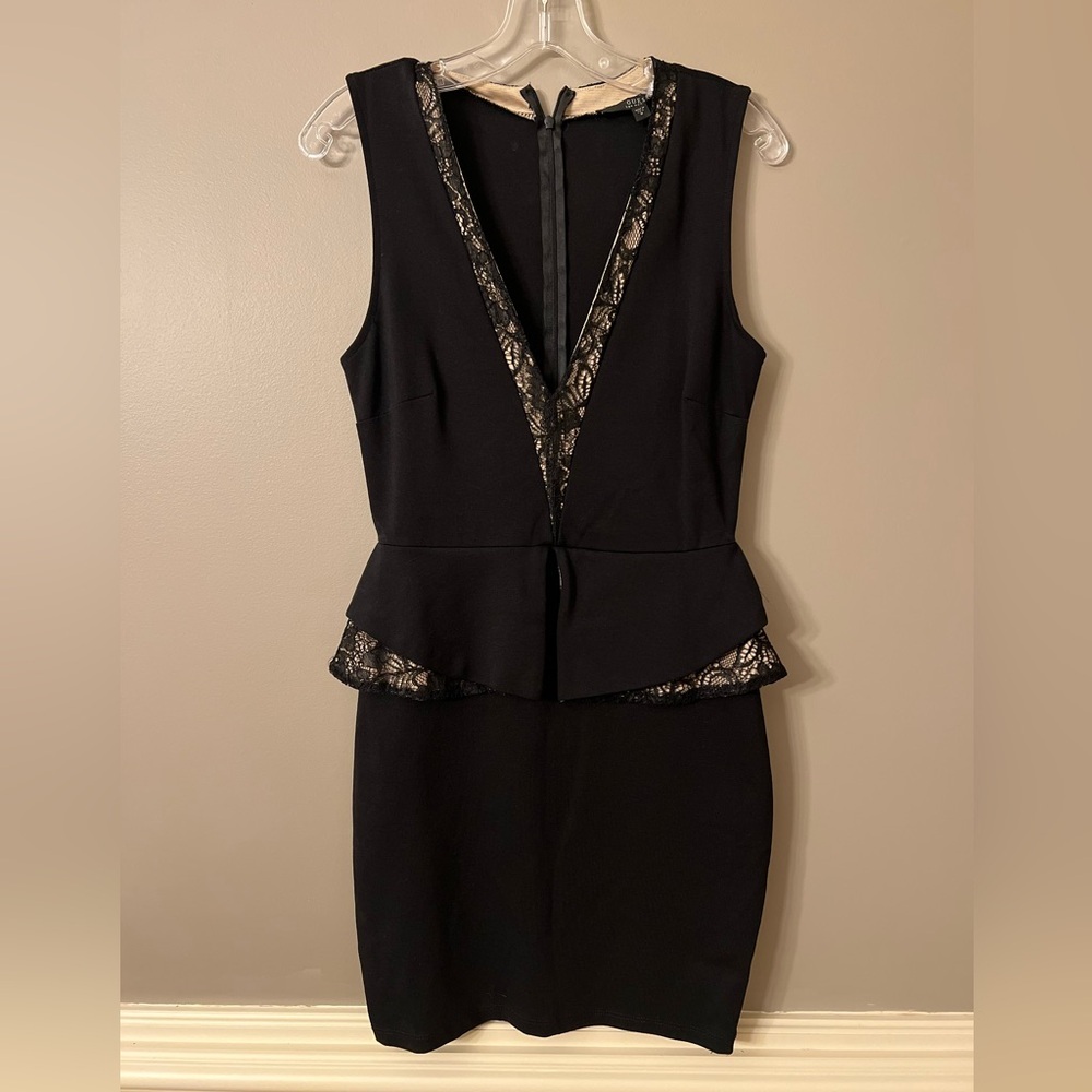 Guess Black Peplum Cocktail Mini Dress with Lace Detail